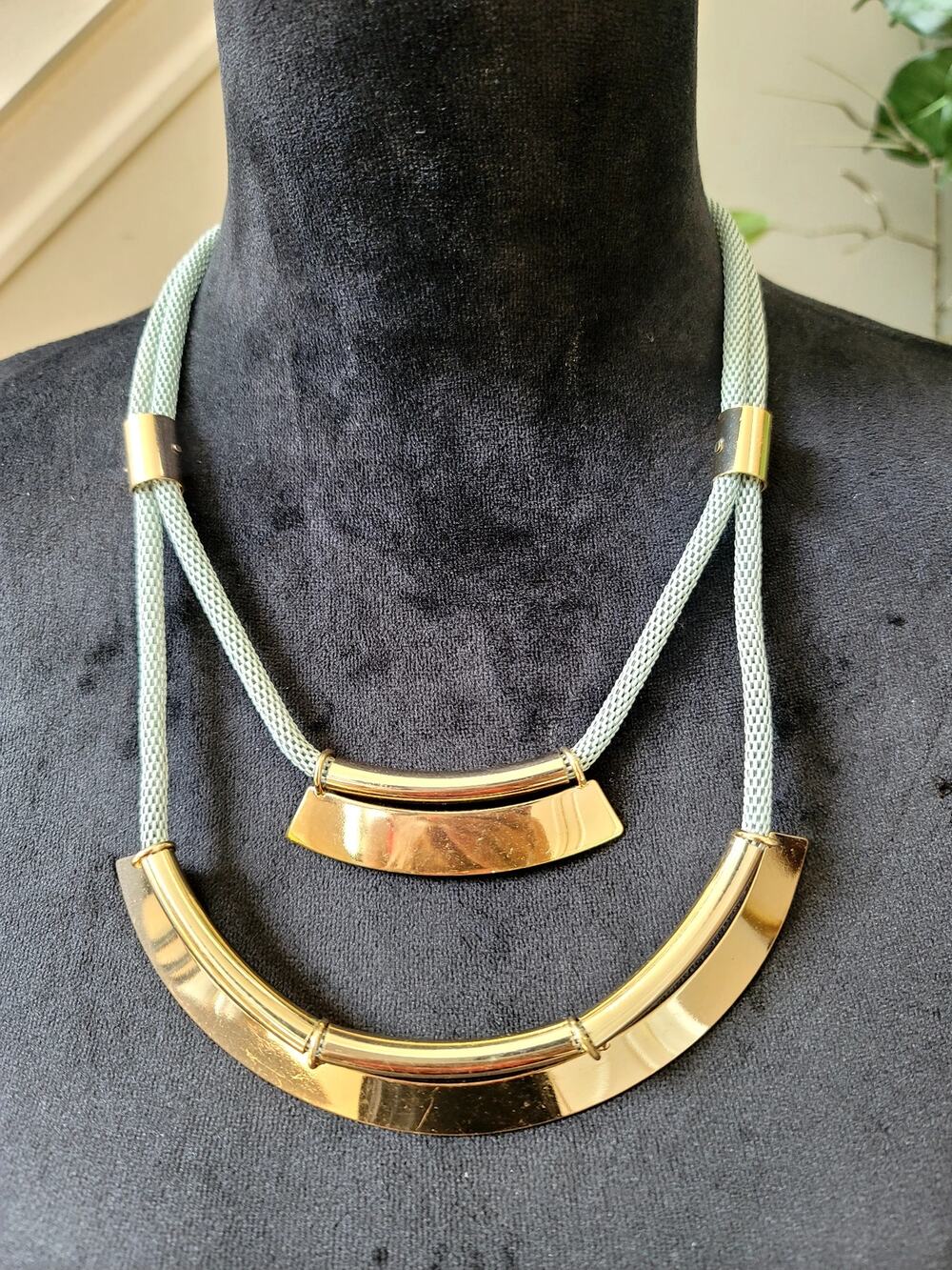Layered Gold Tone Gray Cord Geometric Statement Bib Necklace Fashion Jewelry